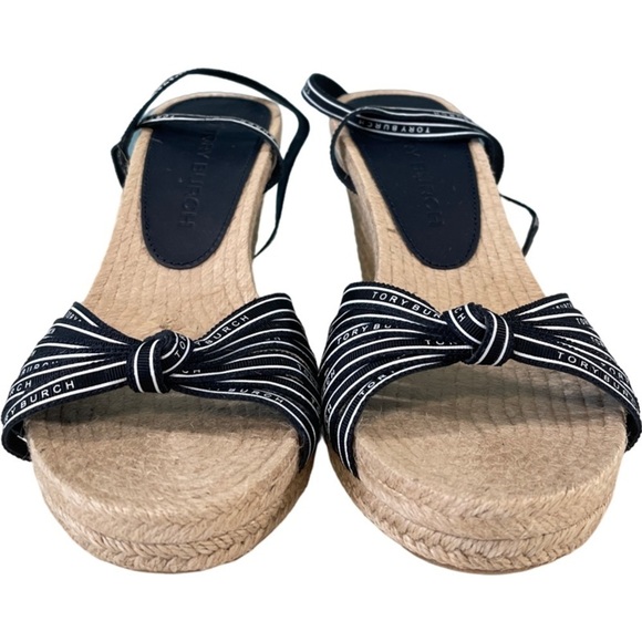 Tory Burch Ribbon Espadrille Wedge Jute Sandal Perfect Navy Size 10M - Picture 3 of 8